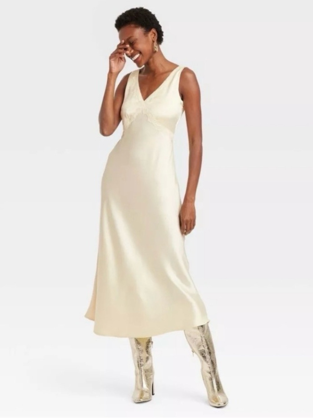 NWOT a new day Satin V-Neck Midi Slip Dress in Cream
